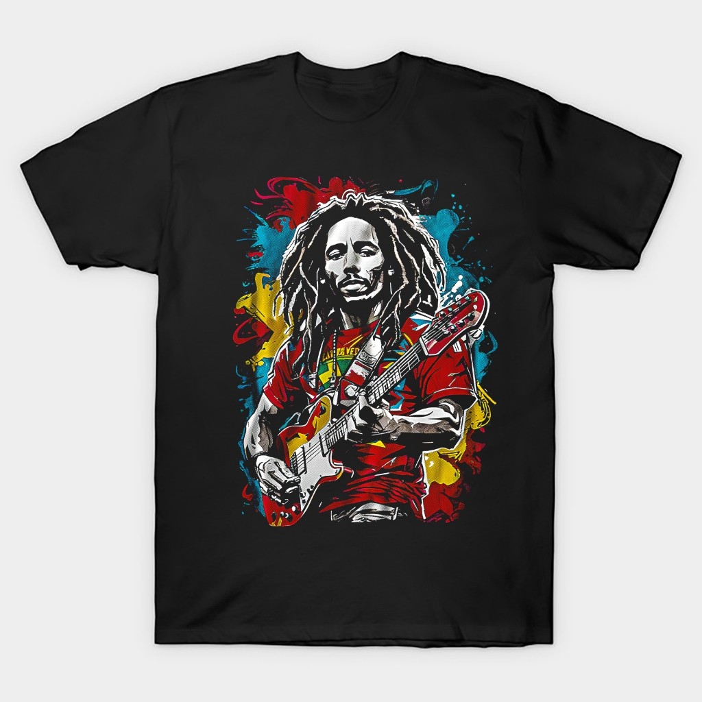 Kaos T shirt Musik reggae bob marley playing guitar