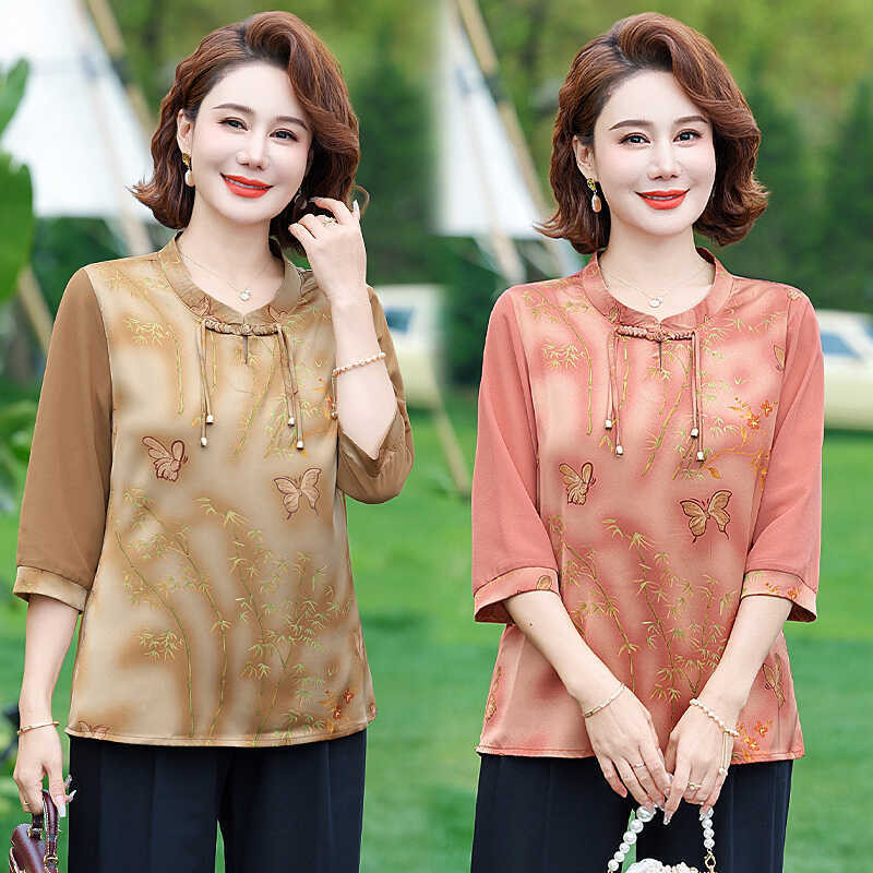 Blus ibu wanita paruh baya berusia 40 tahun Blus ibu berusia 50 tahun Kemeja lengan tujuh menit gaya