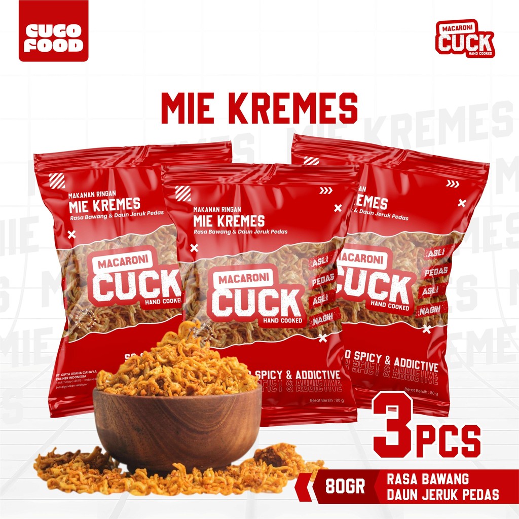 

Mie Kremes Pedas Daun Jeruk 3 Pcs x 80 Gram Kemasan Reguler Snack Keripik Macaroni Cuck Cugo Food Camilan Pedas