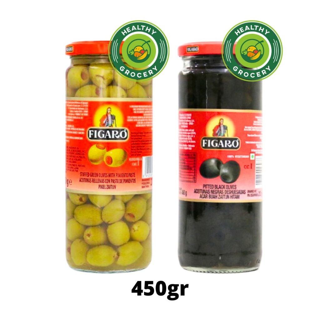 

Figaro Green Olive With Pimiento / Pitted Black Olive 450gr In Jar / Pikel Zaitun