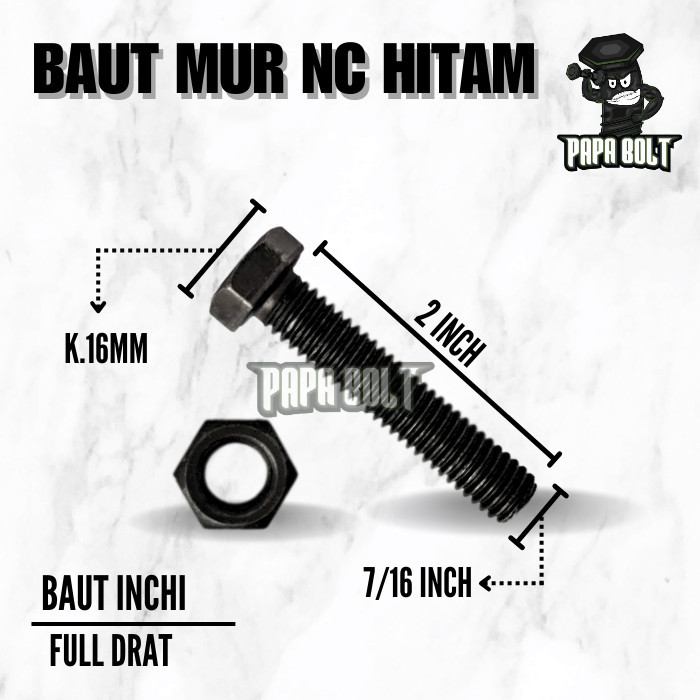 Baut Mur Hex NC INCHI Hitam 7/16" x 2" UNC 14 (Kunci 16)