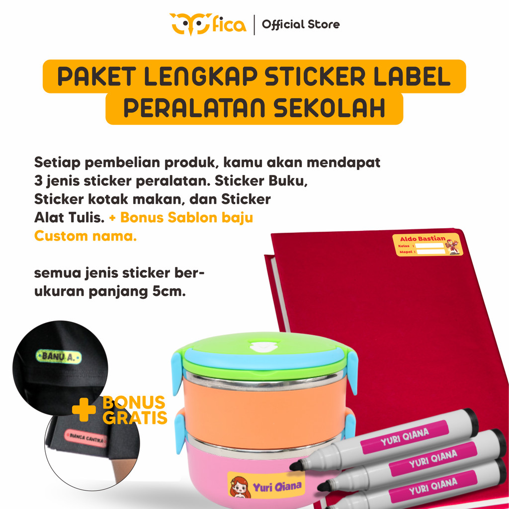 

FICA - Stiker Paket Lengkap Label Peralatan Sekolah Anak Kotak Makan dan Stiker Nama Atk