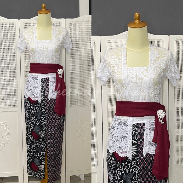 Kebaya Bali Set Brukat Pendek Putih Rok Silver Bros Selendang - Atasan Saja, M
