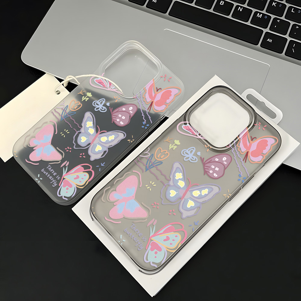 Pink Butterfly Casing HP Transparan Buram Untuk IPhone 11 Pro 13 Pro Max 15 Plus 12 14 15 Pro Max So