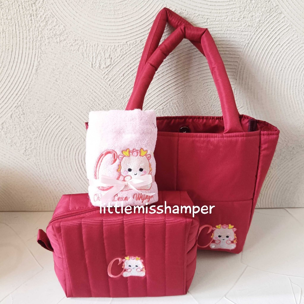 

Paket Tas Puffy isi pouch Puff dan handuk bordir Tile pita baby one month hardtag milk bun bag