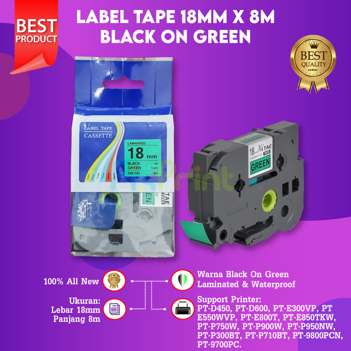 

FixPrint Compatible Label Tape Laminated TZE-741 18mm X 8m Black On Green Cassette Printer Bro PT-D450 PT-D600 PT-E300VP PT-E550WVP PT-E800T PT-E850TKW PT-P750W PT-P950NW PT-P710BT PT-9700PC