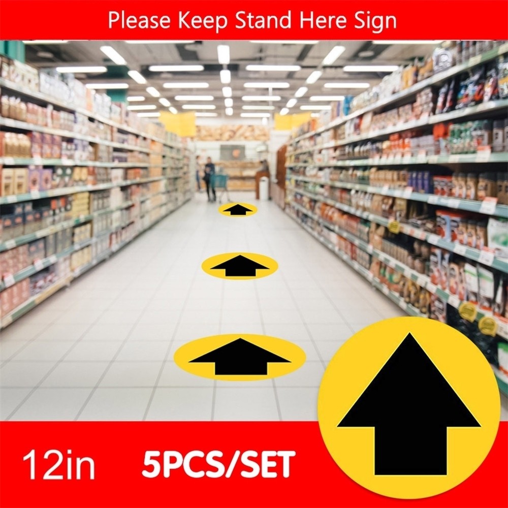

5pcs Arrow Indication Sign Isolated Sticker Please Keep Wait Here Stand Here Keep 6ft In Between Distance Marker Floor Sign