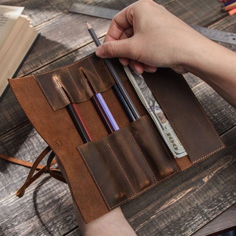 

20CB Retro Pencil for Case Handmade Genuine Leather Roll Up Pen Curtain Bag Pouch Wrap Holder Stationery Supplies