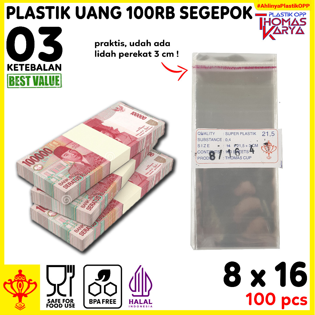 Plastik Uang 100 Lembar isi 100 Kantong OPP Bening Ukuran 8x16 dengan Seal Lem Perekat