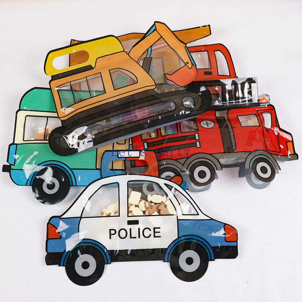 

10Pcs Construction Vehicle Seal Cookie Candy Bag Police Car FireTruck Snacks Bags for Kids Birthday Baby Shower Party Decoration