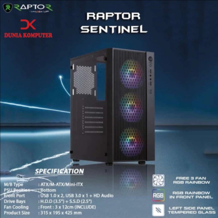 Casing PC Power Up Raptor Sentinel ATX Gaming Case