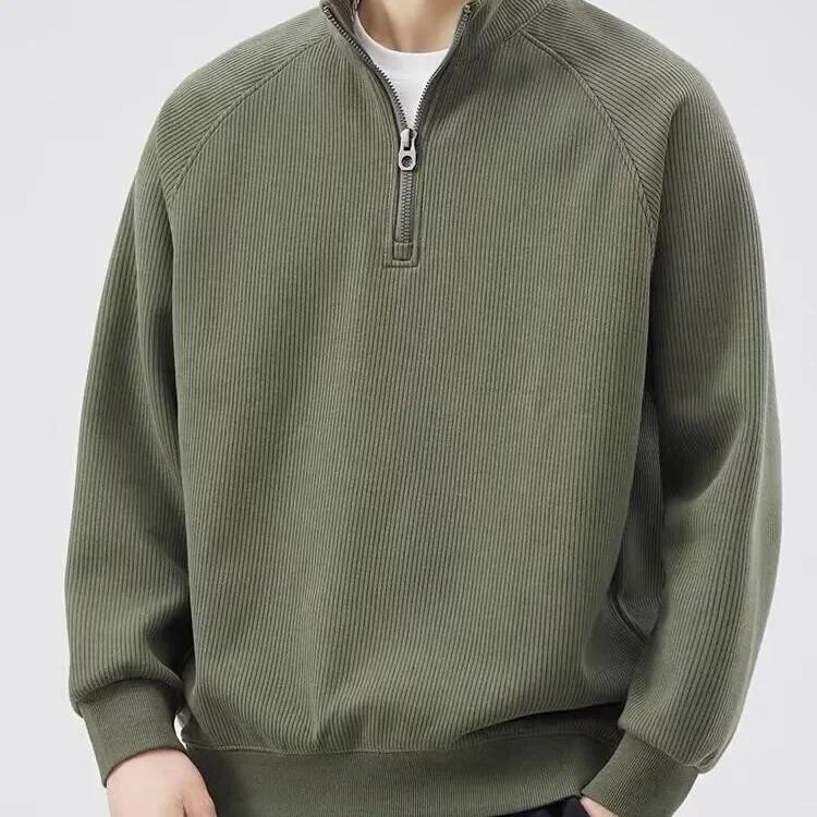 New Winter Men's Trendy Fleece-lined Sweatshirt Half-zip Ribbed Cotton Fleece Inner Layer Loose-fit 