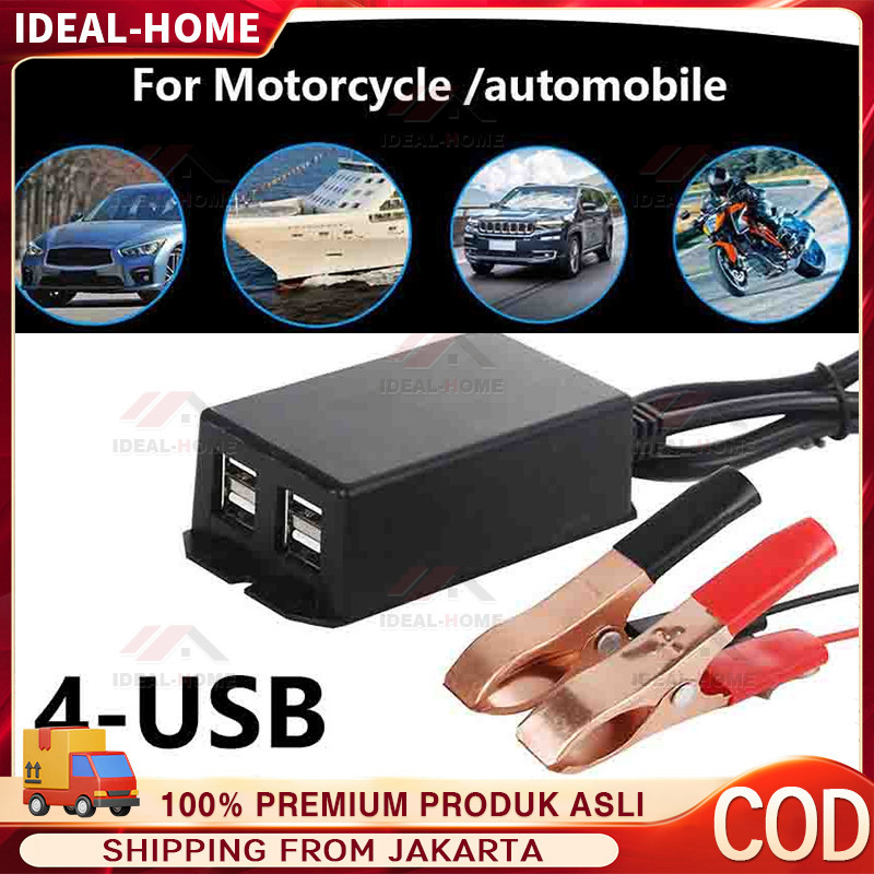 Adaptor Charger HP Darurat Pasang Ke AKI Motor Mobil Universal 4 USB Sambungan Charger Casan HP ke A