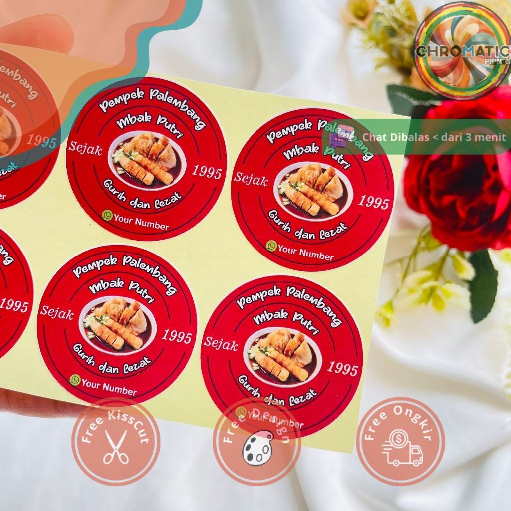 

chromatic 9-15 Cetak Sticker Makanan Pempek Chromo Bulat Free Desain Cutting Kiss Cut Custom Murah