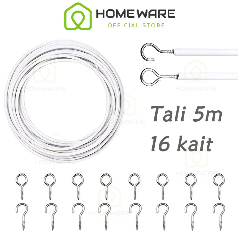 Home Ware 5M 16 Kait Kawat Spiral Gorden Dan Hook Tempel Gorden Kolong Dapur Tali Gorden