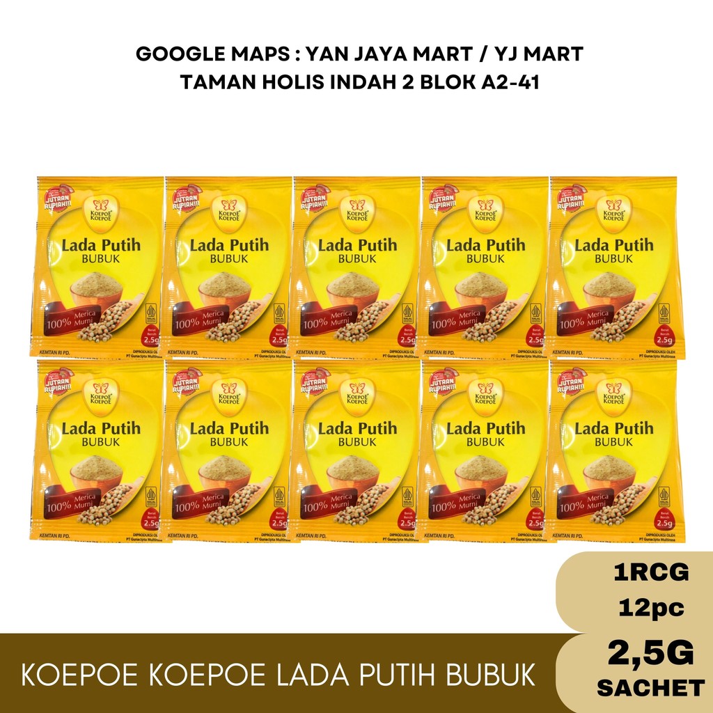 

Koepoe Koepoe Lada Putih / Lada Putih Bubuk / Kupu Kupu / Bumbu Lada Putih Bubuk Kemasan 2,5gr 1rcg 12pc