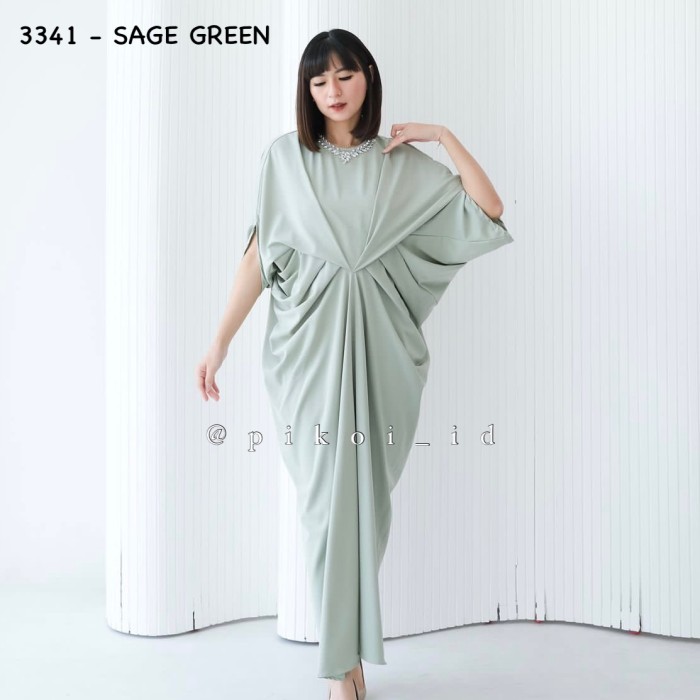 Kaftan putih wanita modern kalung mutiara / dress lebaran satin murah - LIME-3341