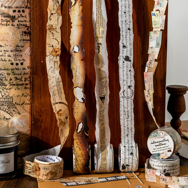 

Journal GO 2x200cm Vintage Special Shaped Tape Stickers Collage Junk Journal Scrapbooking Retro Burning Style Masking Tape