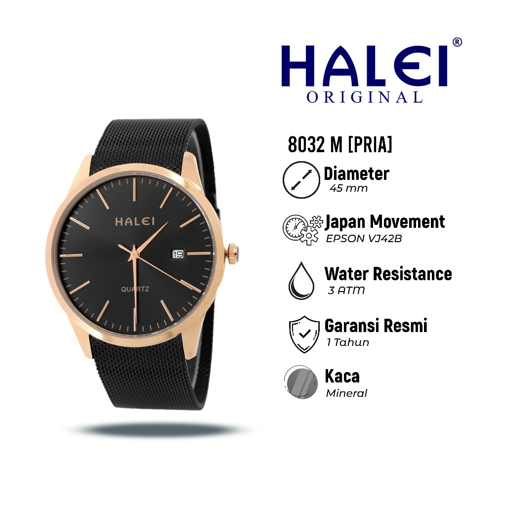HALEI IND 8032 M - Bergaransi Jam Tangan Pria Original Analog Rantai Mesh Stainless Tanggal Anti Air