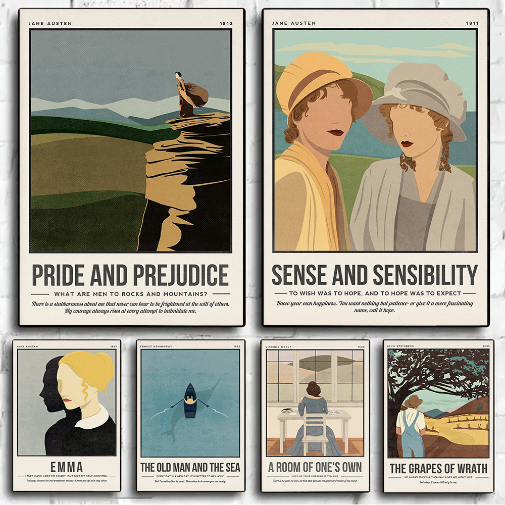 

Retro Classic Book Cover Pride and Prejudice Literary Quotes Illustration Poster Canvas Painting Wall Pictures Home Dorm Decor