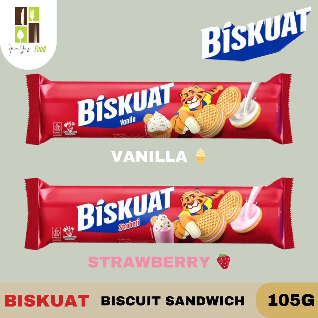 

Biskuat Biscuit / Sandwich / Biskuit / Snack / Cemilan / Dengan Krim Vanila / Krim Strawberry Kemasan 105g
