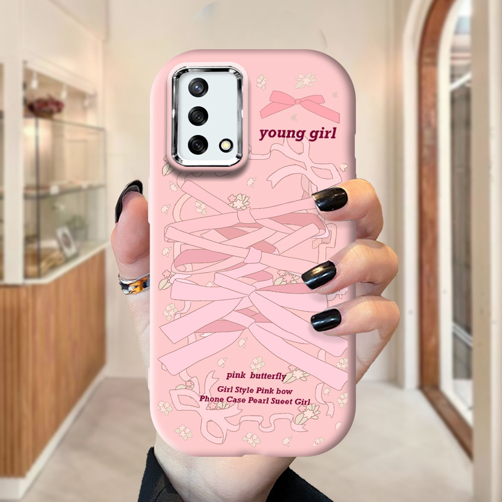 OPPO A74 A95  Cute Pink Bow Pattern Cartoon Design Silver Edge Lens Fatty Soft Liquid Silicone Shock