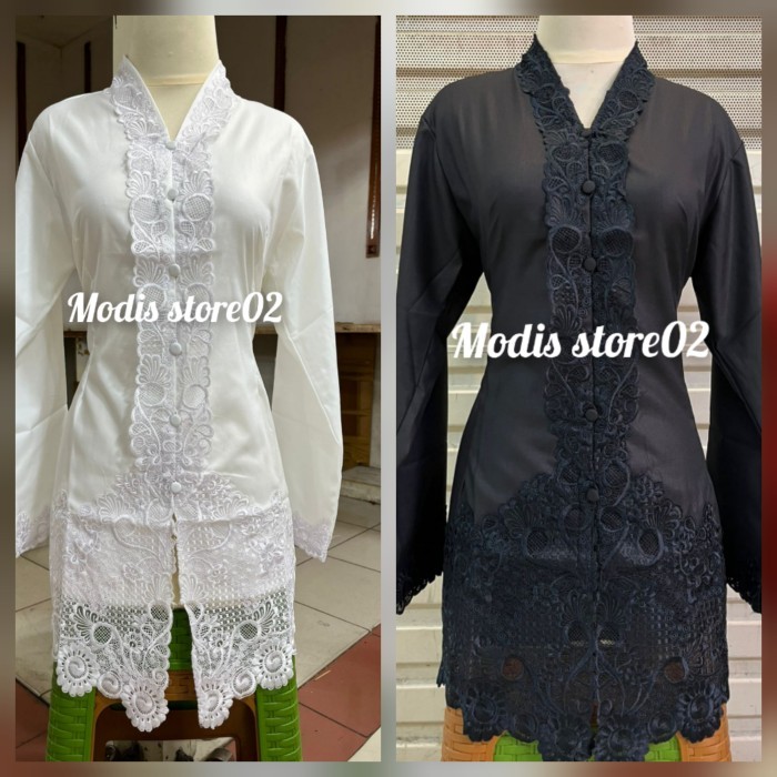 ✨LARIS✨ -atasan kebaya encim khusus hitam putih lengan panjang - Putih, 5L