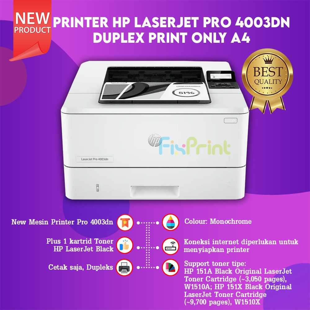 FixPrint Printer HP LaserJet Pro 4003dn Print Only Monochrome Network Duplex (2Z609A)Pengganti Print