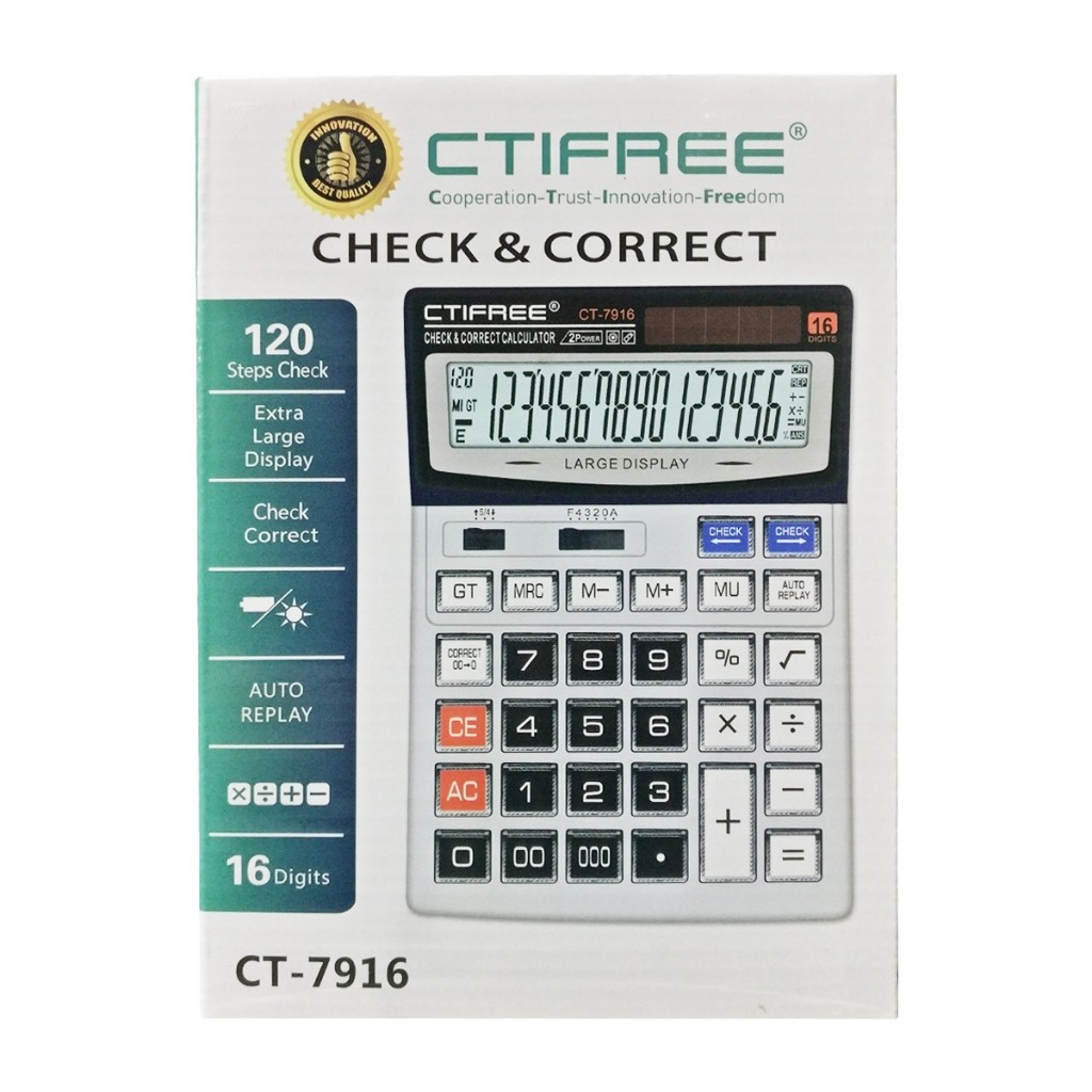 

CTIFREE Kalkulator CT-7916 Calculator 16 Digit Dengan Disegn Elegan Extra Large Display Untuk Sekolah / Kuliah / Kerja