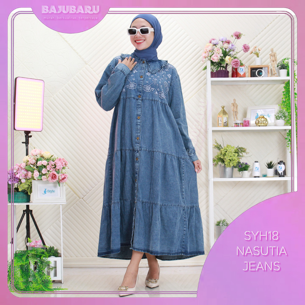 Nasutia Midi Dress Jeans Wash Bordir Timbul Full Kancing