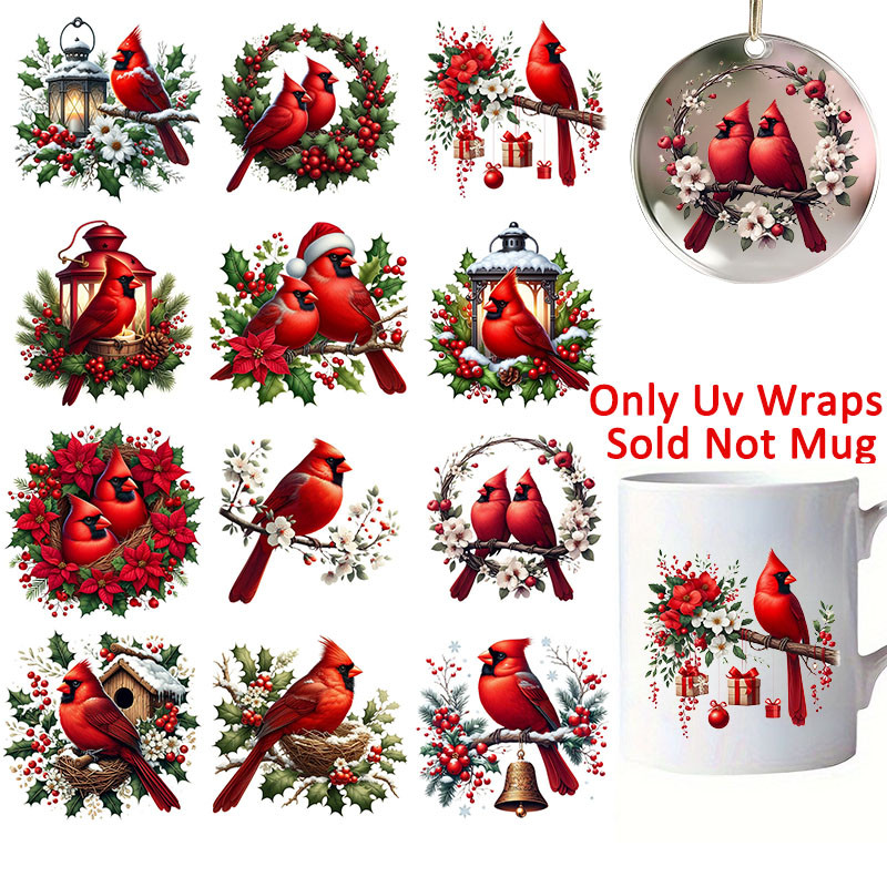 

12pcs Christmas Red Cardinal Bird UV DTF Cup Wrap Transfer Sticker Glass Coffee Mugs Decoration Winter Xmas Greeting Cards Decal