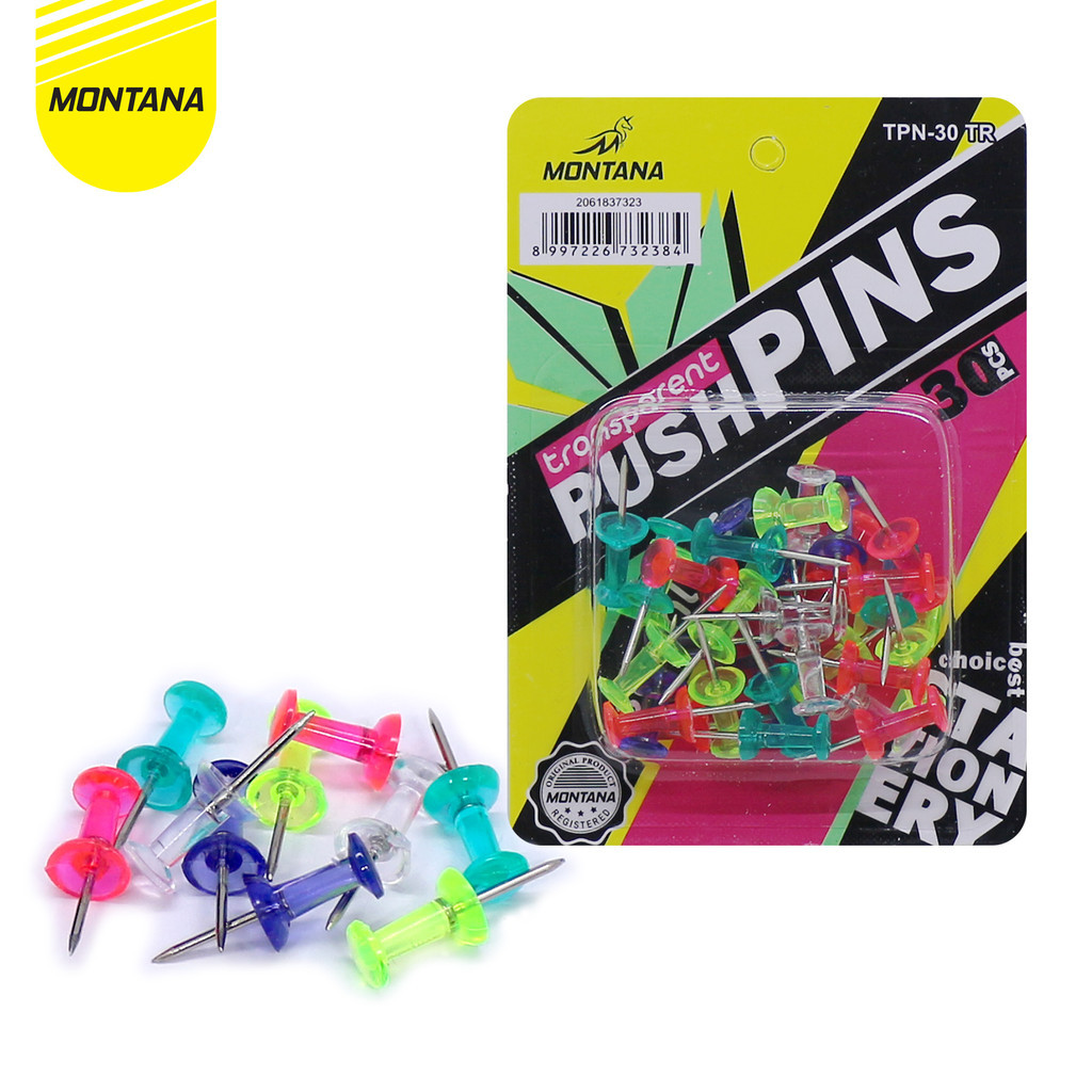 

MONTANA Transparent Push Pin Jarum Tekan 30 Pcs Stainless Paku Pin Multiwarna TPN-30-TR/Box