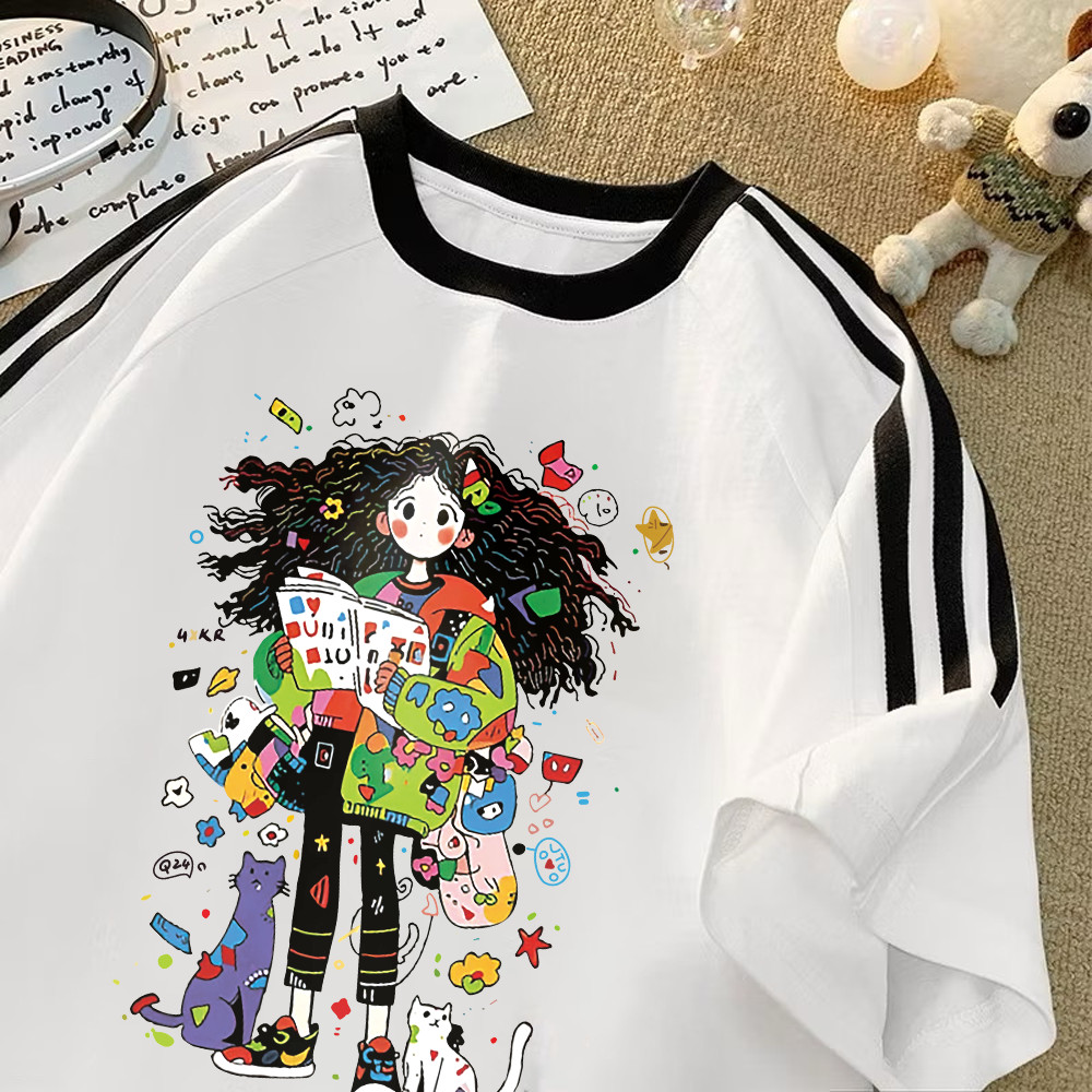 Tshirt Kaos Lengan Pendek Garis Tiga Oversize | Pola Kartun Anak Cewek | Unisex 100% Cotton