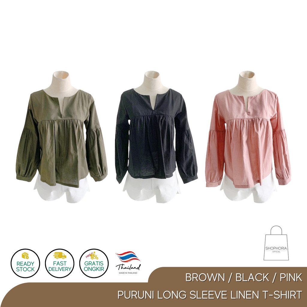 Baju Atasan Blouse Wanita Linen Lengan Panjang Puruni Thailand