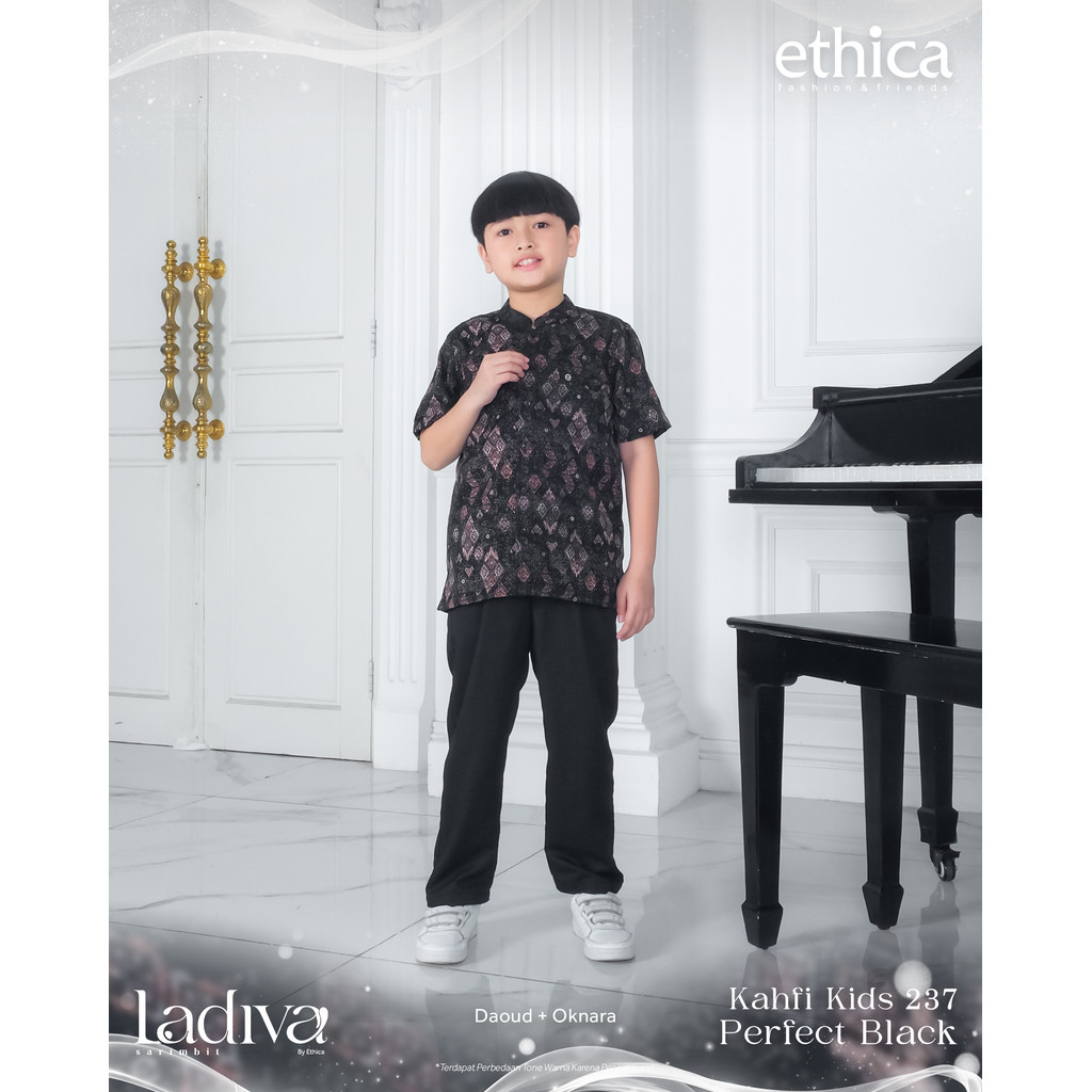 Baju Koko Anak Laki-Laki Kahfi Kids 237 - Ethica Ladiva - Warna Hitam Motif Etnik - Lengan Pendek