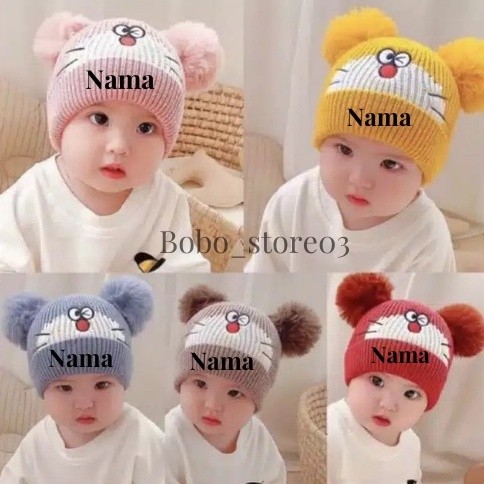 Costum nama Topi Kupluk Bayi Free Nama Kupluk Anak Rajut Karakter Doraemon umur 0-12 bulan