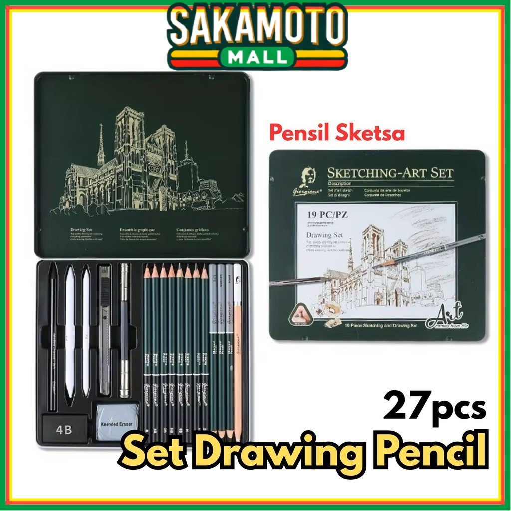 

27pcs Giorgione Set Drawing Sketch Tin Box Profesional Arang Penghapus BR081 Pencil Pensil Sketsa