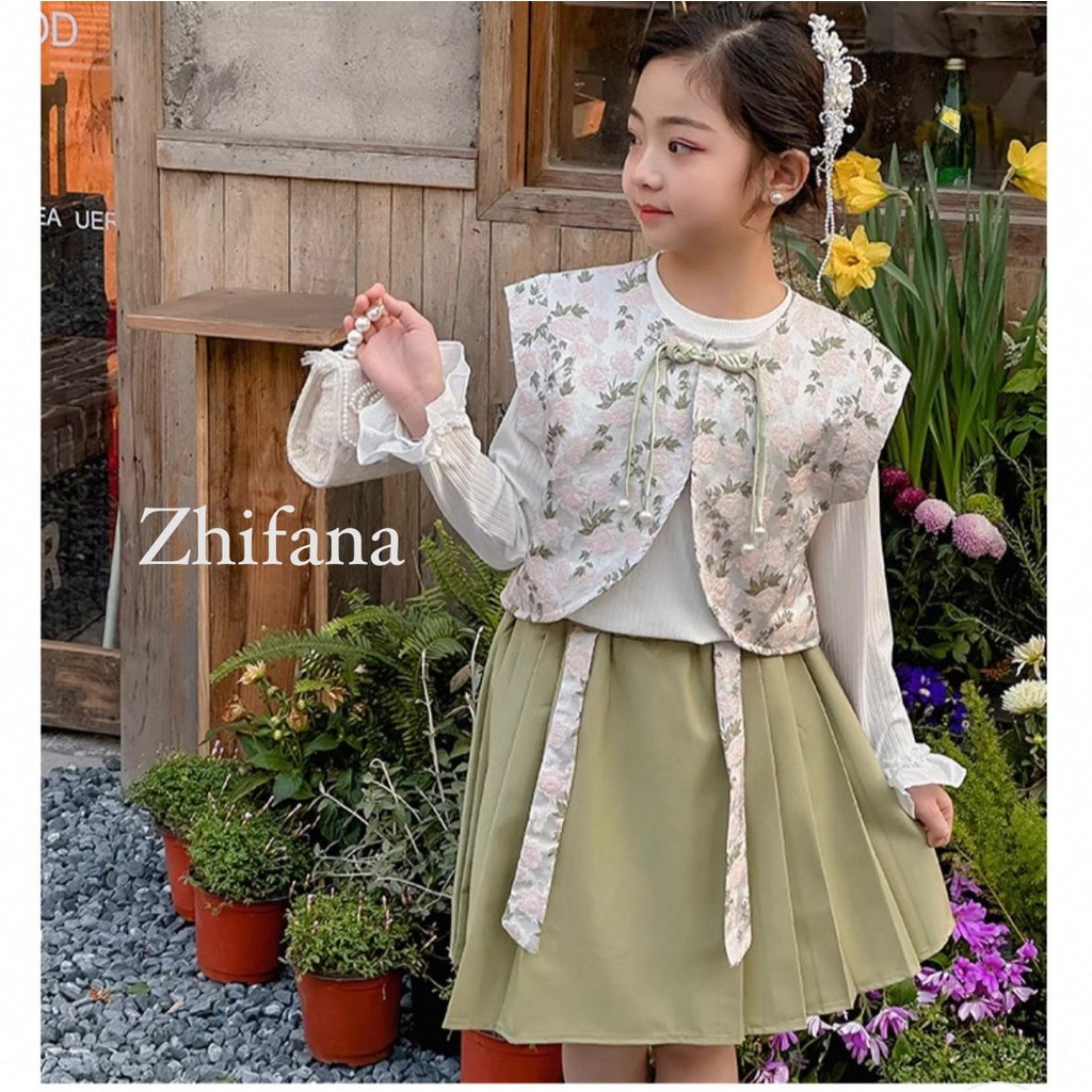 [zs1742] Size 4-8TH 3in1 Setelan Rok Rampel Shanghai Setelan Rok Pesta Setelan Santai Anak Perempuan