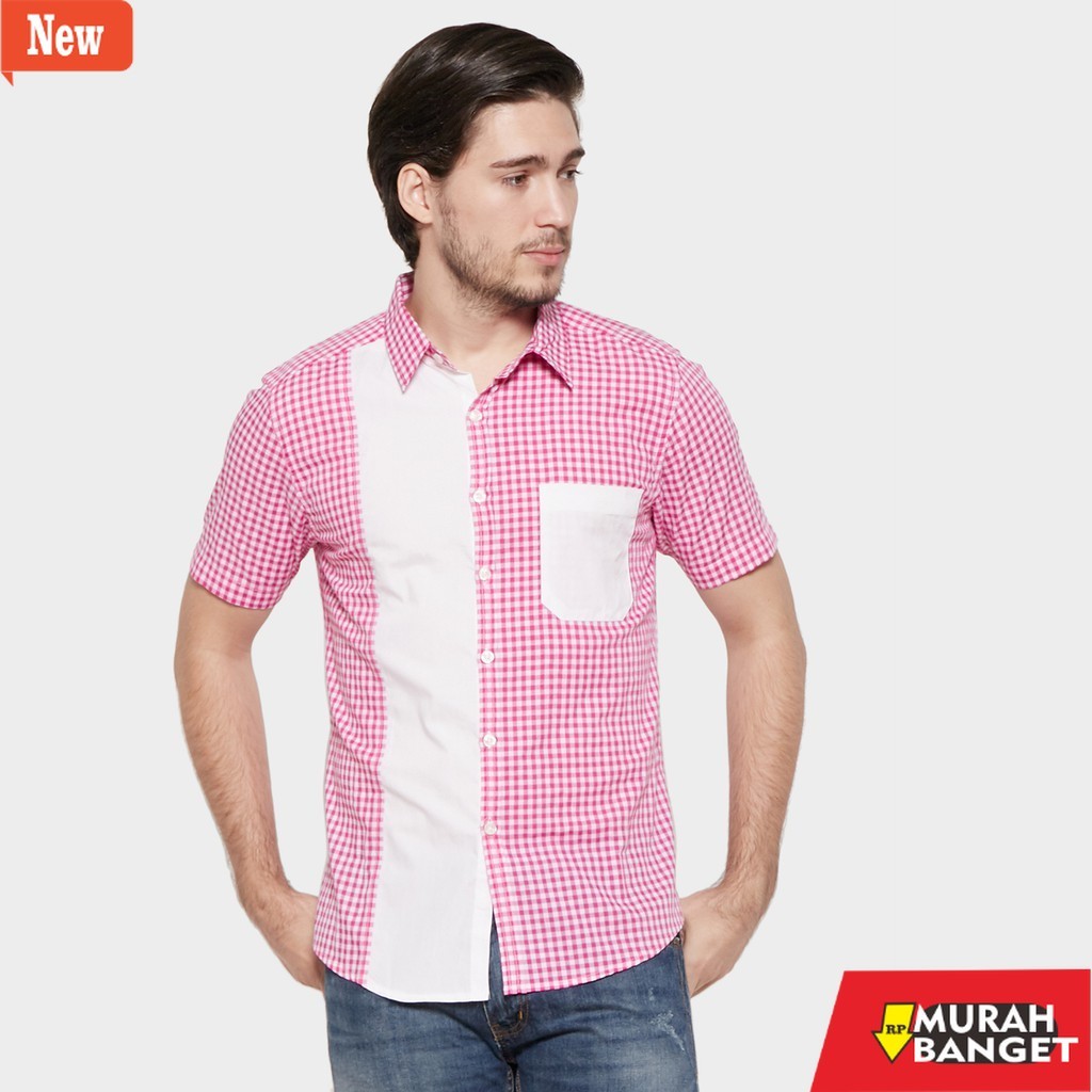 kemeja kotak kotak cowok Kemeja Pria Kotak Pink Putih 0217 Lengan Pendek YEGE