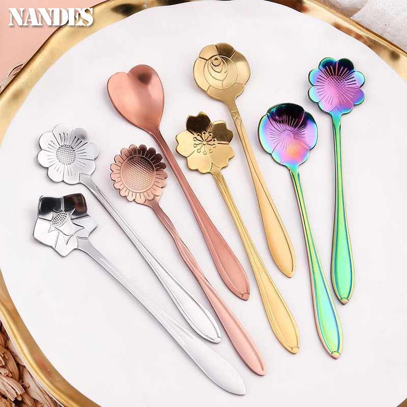 

4Pcs Flower Spoon Set Small Teaspoon Coffee Spoon Cute Ice Cream Dessert Spoon four color Stainless Steel Spoon For Coffee Tea
