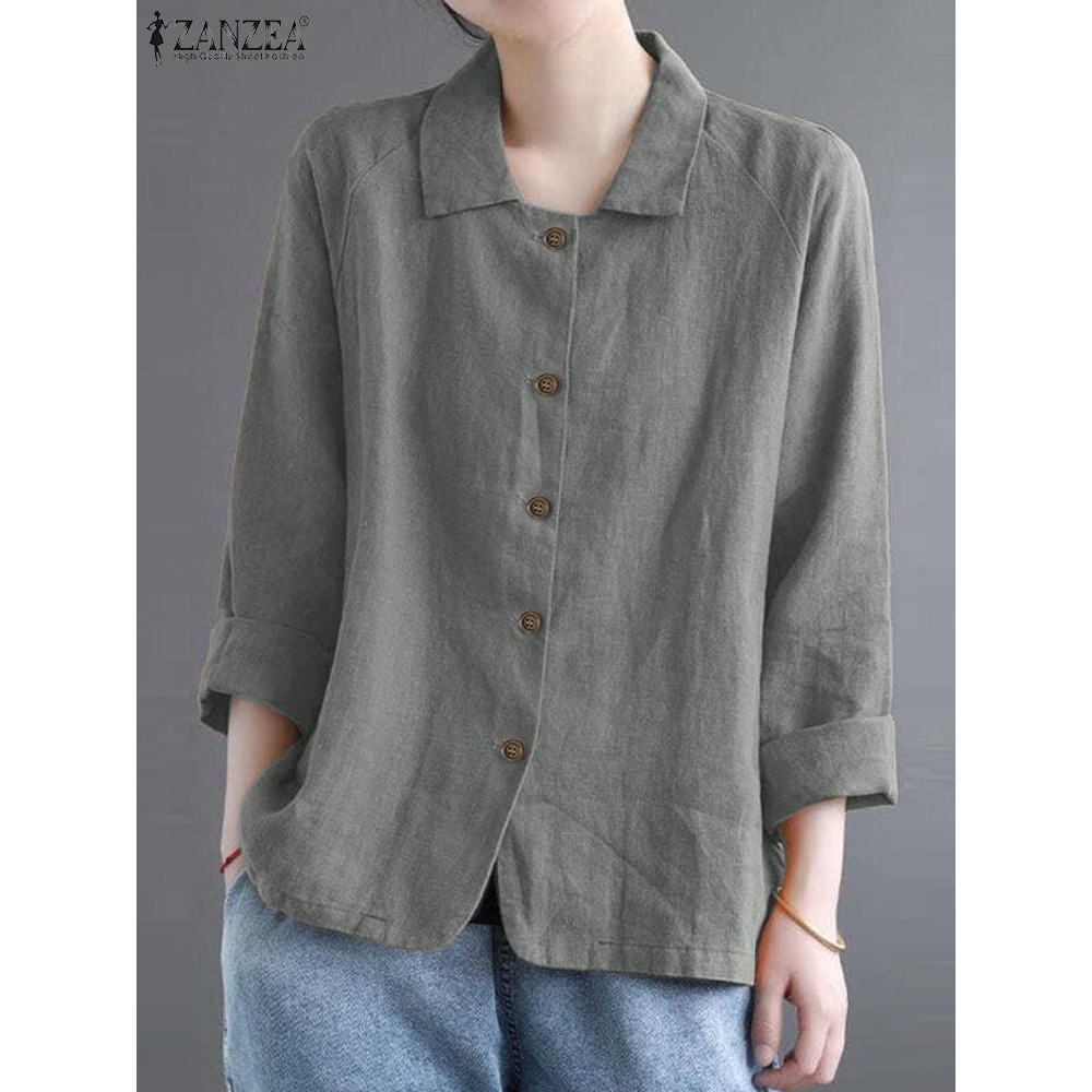 ZANZEA Autumn Elegant Solid Shirt Long Sleeve Lapel Neck Blouse Fashion OL Work Blusas Woman Holiday