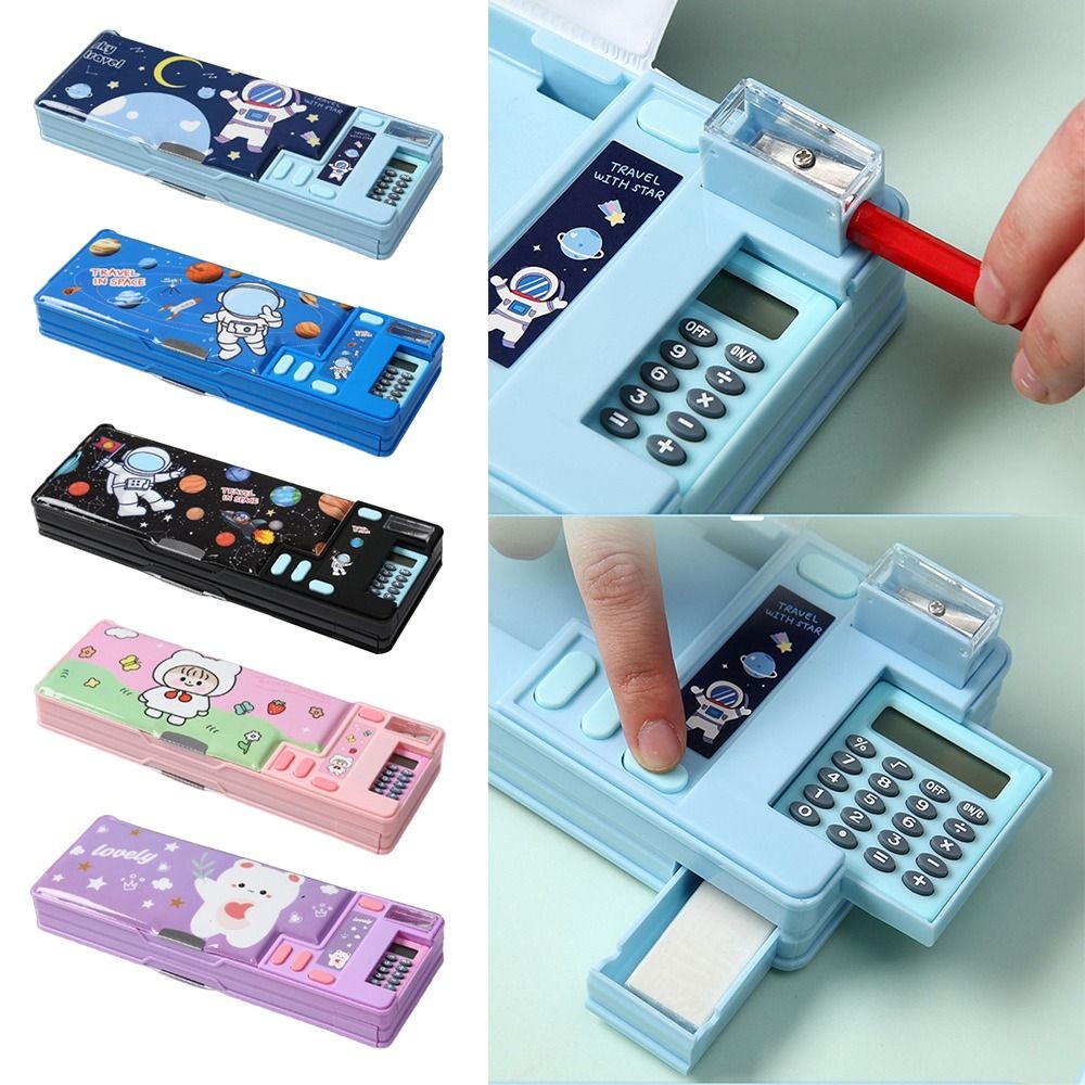 

Double Layer Pencil Case Astronaut/Animal Design Pencil Sharpener Pencil Box Plastic With Calculator Stationery Organizer