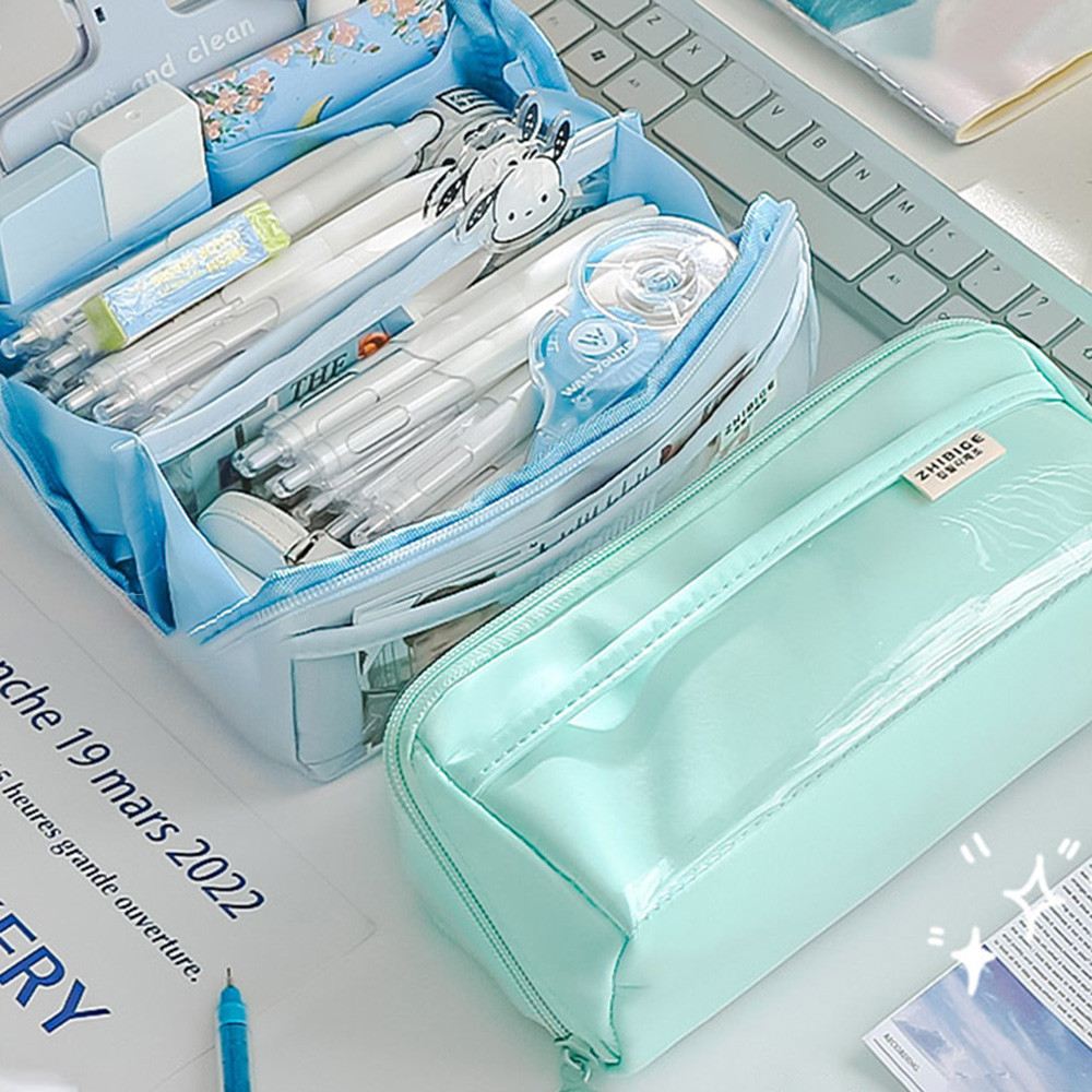 

10 Layers Large-capacity Pencil Bag PVC Transparent Pencil Case Large Opening Square Pencil Bag Students Stationery Pouch