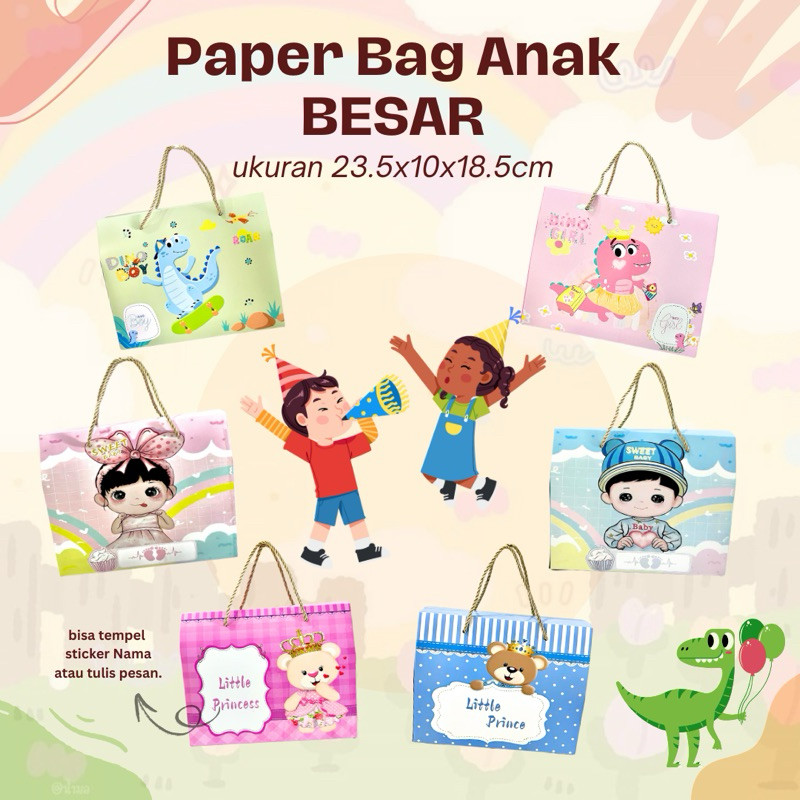 TERBARU GROSIR Paper Bag BESAR Anak Ulang Tahun Dino Sanrio / Goodie Bag Snack Acara Pesta Anak Ulta