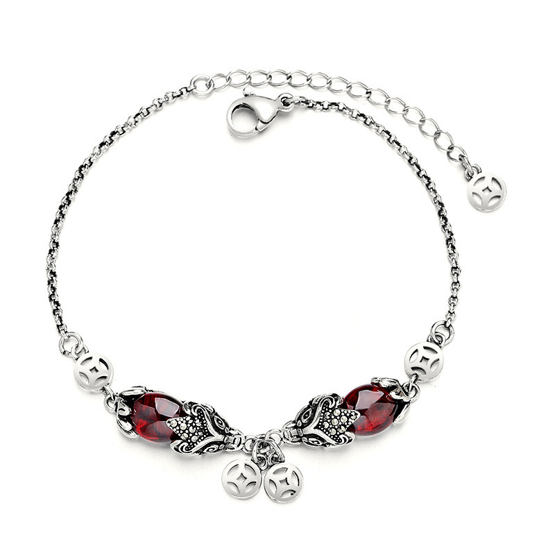 Vintage Thai silver personality fashion copper coin creative senior garnet pixiu bracelet women's br