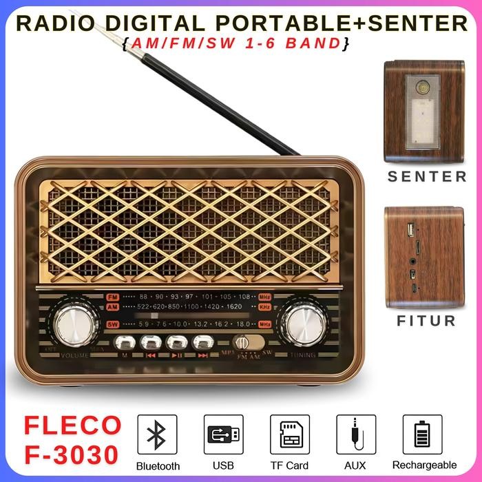 TERLARIS Radio Portable Bluetooth+Senter FLECO F-3030BTL Radio Clasic FM/AM/SW/USB/Memory Suara Yang