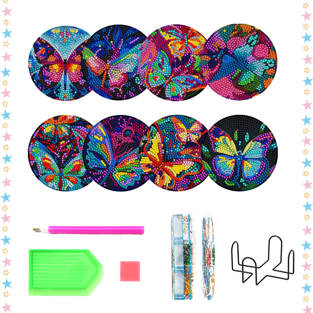 

8pc/sets Butterfly DIY Diamonds Painting Coaster with Holder Rhinestone Mosaic Embroidery Diamond Art Craft Adult