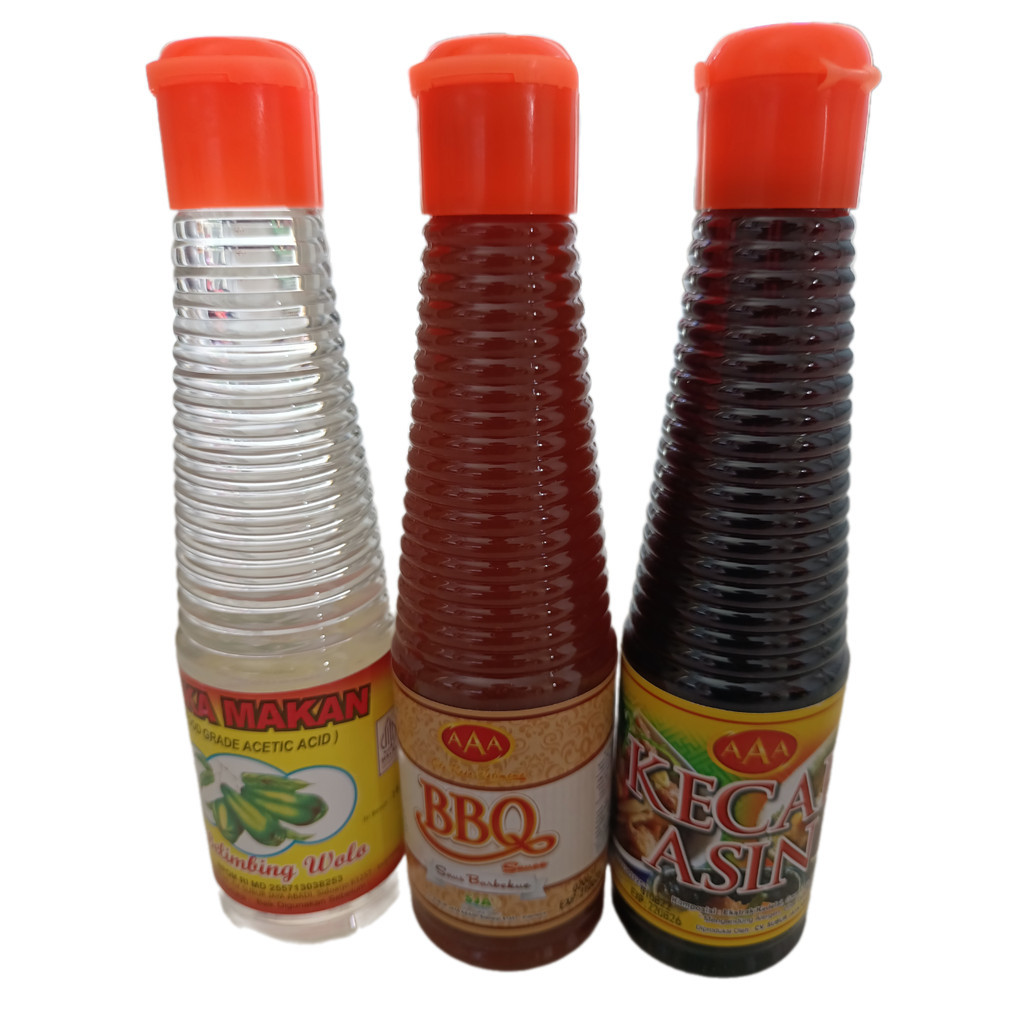 

Paket Irit Isi 3 Botol AAA 140 ml - Cuka Makan, Saos BBQ, Kecap Asin