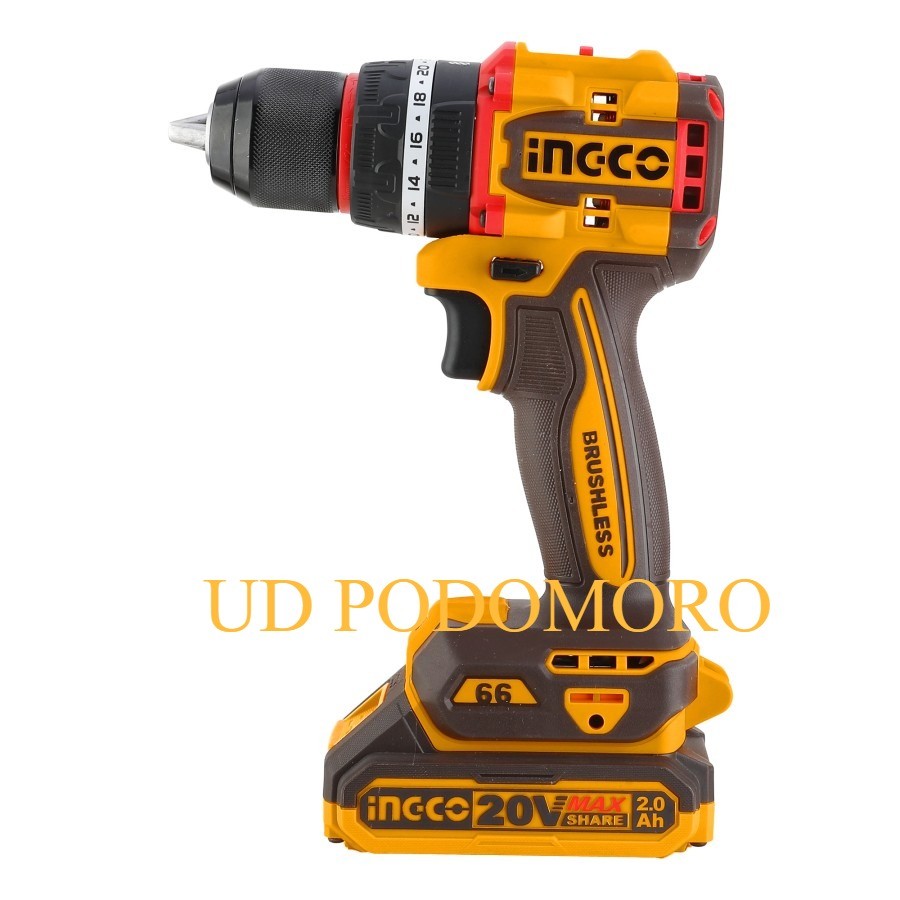 Ingco CIDLI20668 Mesin Bor Beton 13mm 66Nm Baterai Cordless Impact Drill Brushless