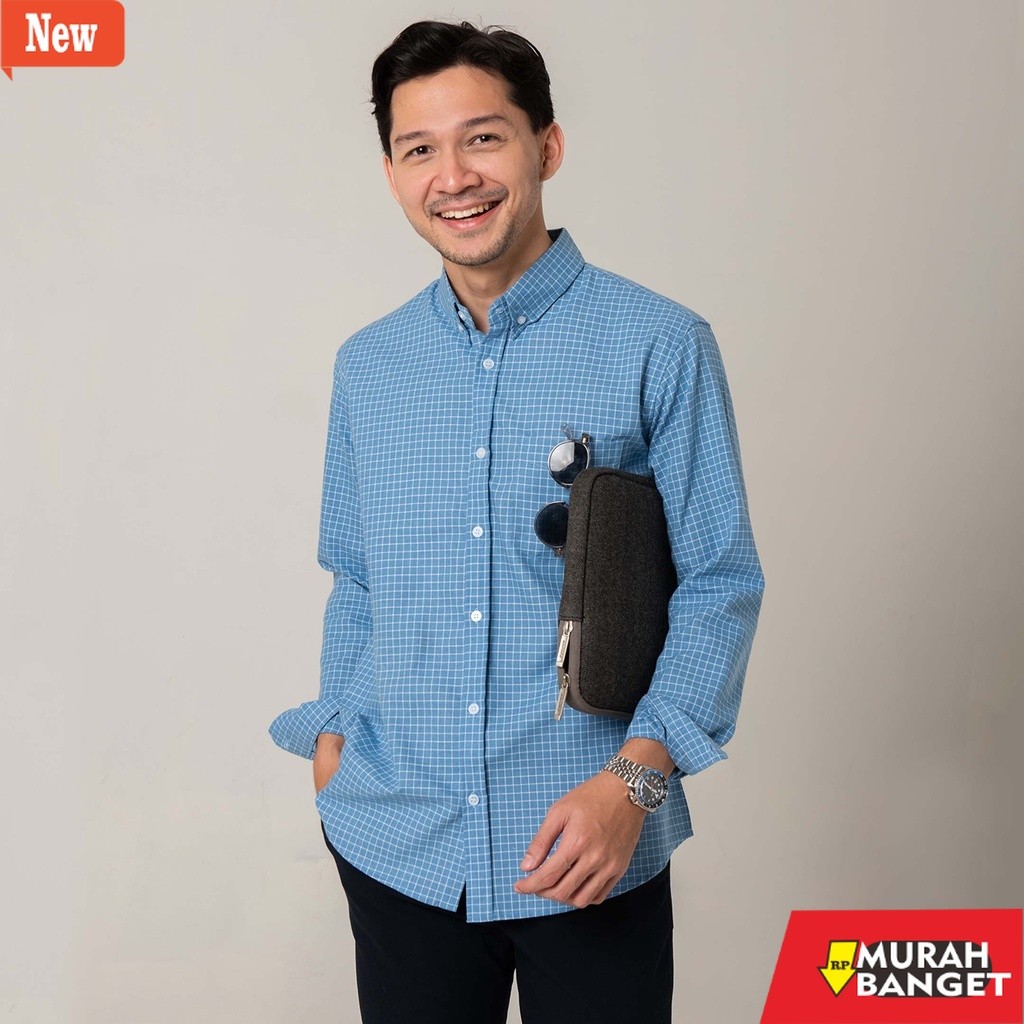 kemeja kotak kotak cowok Kemeja Kotak Garis Pria WOODCUTTER Plaid Basic Shirt - Light Blue Lengan Pa